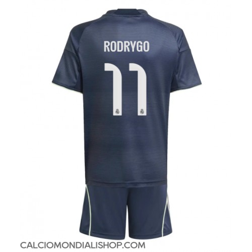 Maglie da calcio Real Madrid Rodrygo Goes #11 Seconda Maglia Bambino 2025-26 Manica Corta (+ Pantaloni corti)